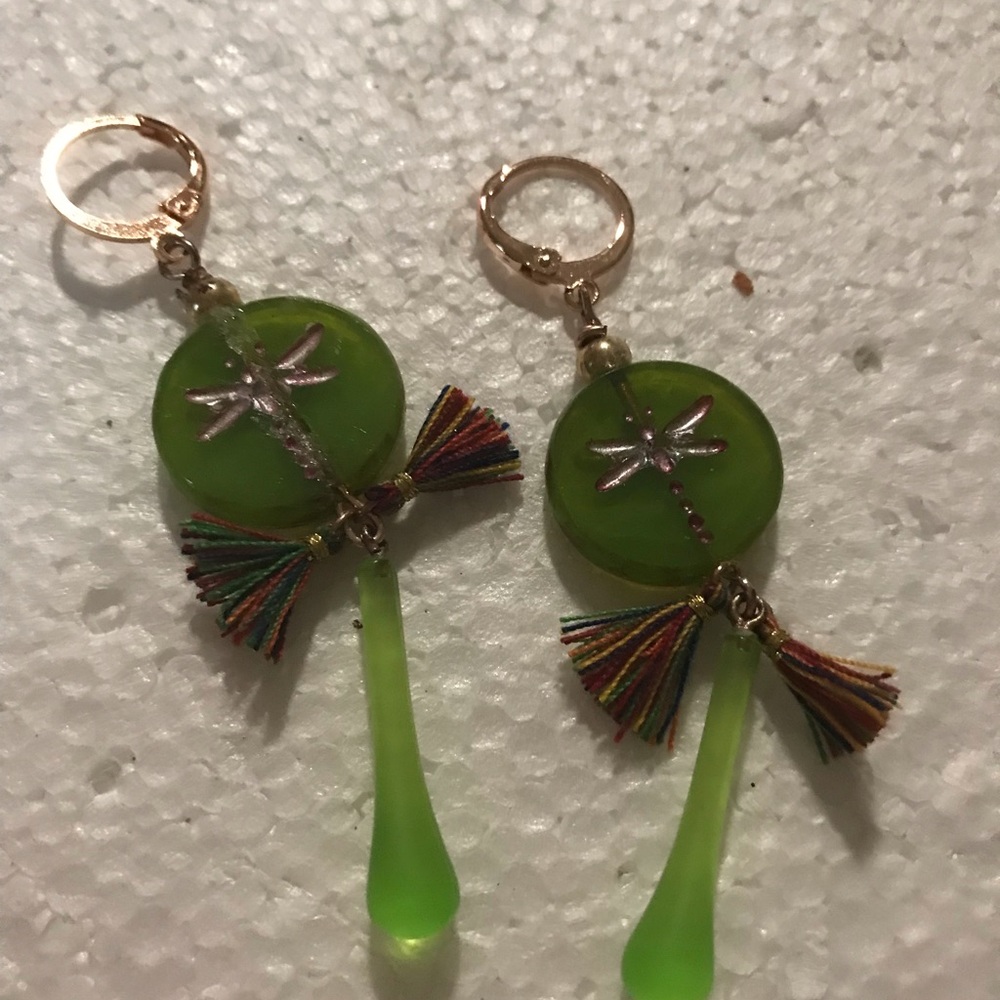 Green Dragonfly Tassel Drop Earrings - Unbranded